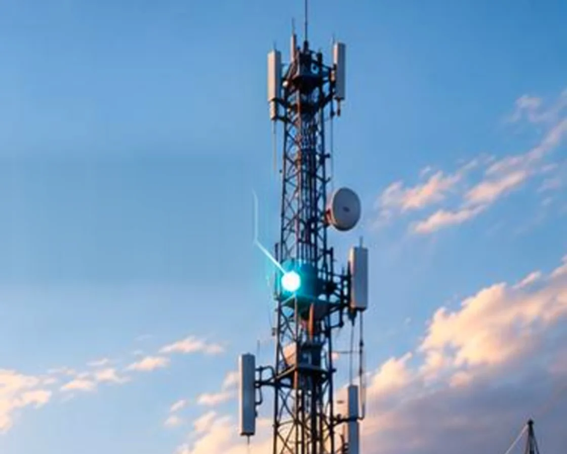 Traliccio per telecomunicazioni con antenne al tramonto.