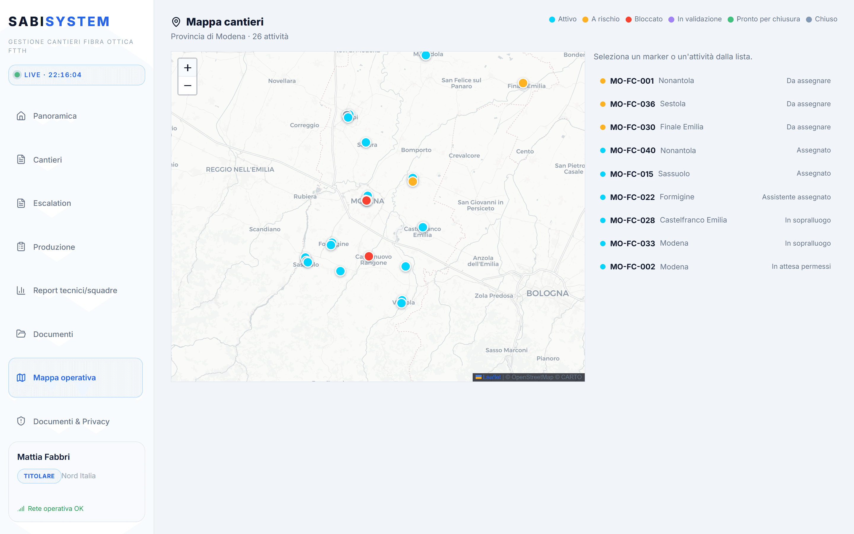 Mappa operativa dei cantieri FTTH in SabiSystem — ambiente demo