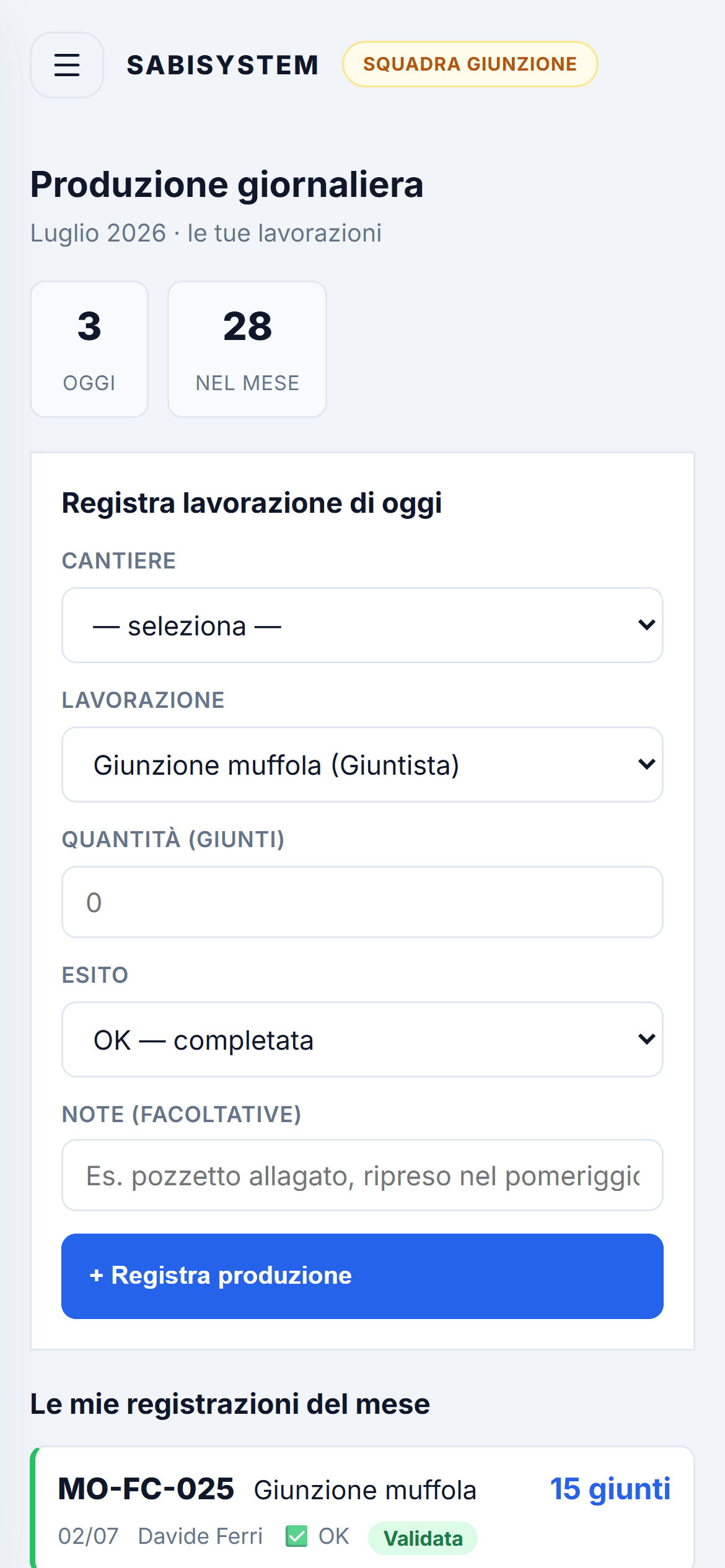 Registrazione produzione giornaliera da smartphone in SabiSystem — ambiente demo