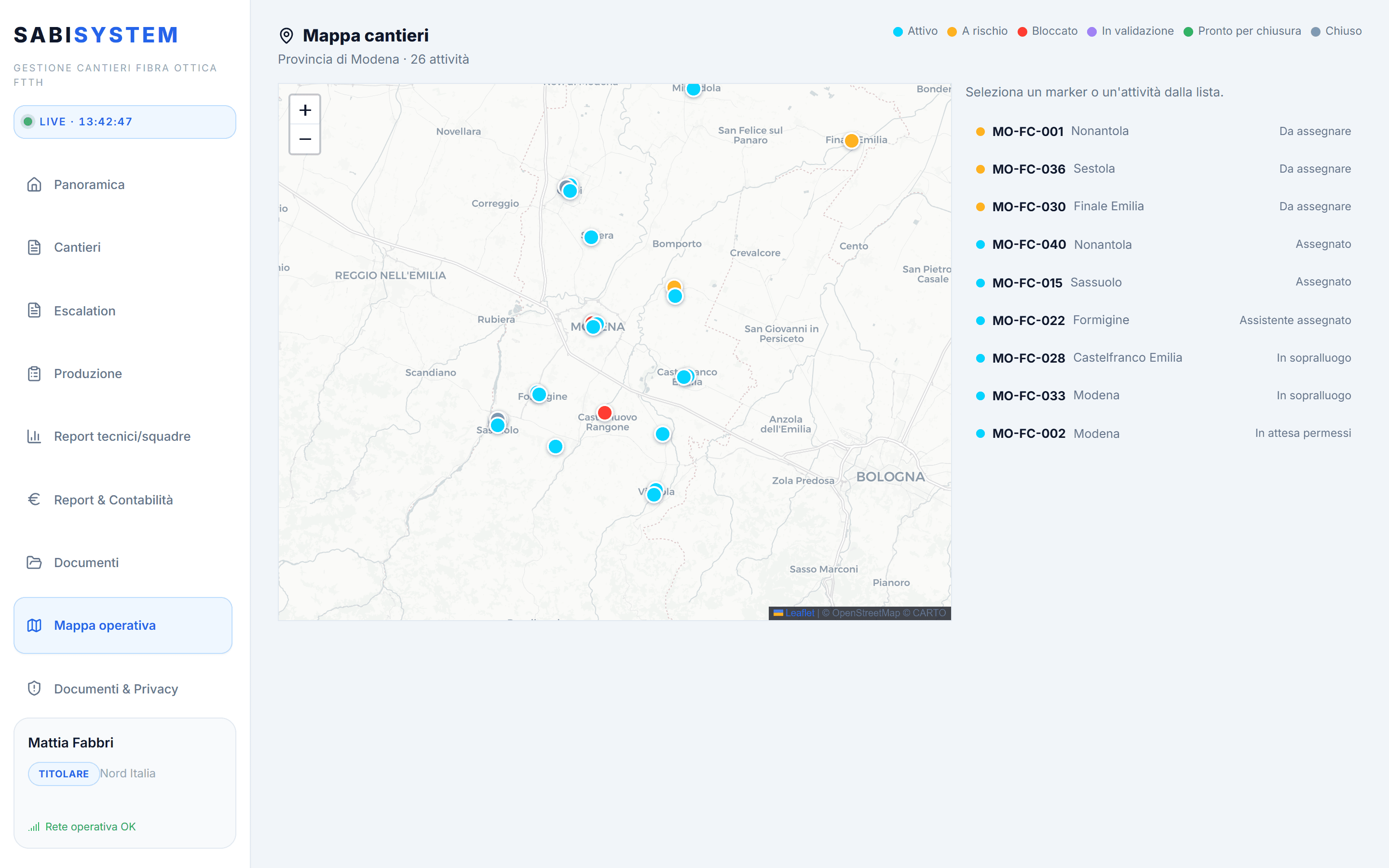 Mappa operativa dei cantieri FTTH in SabiSystem — ambiente demo